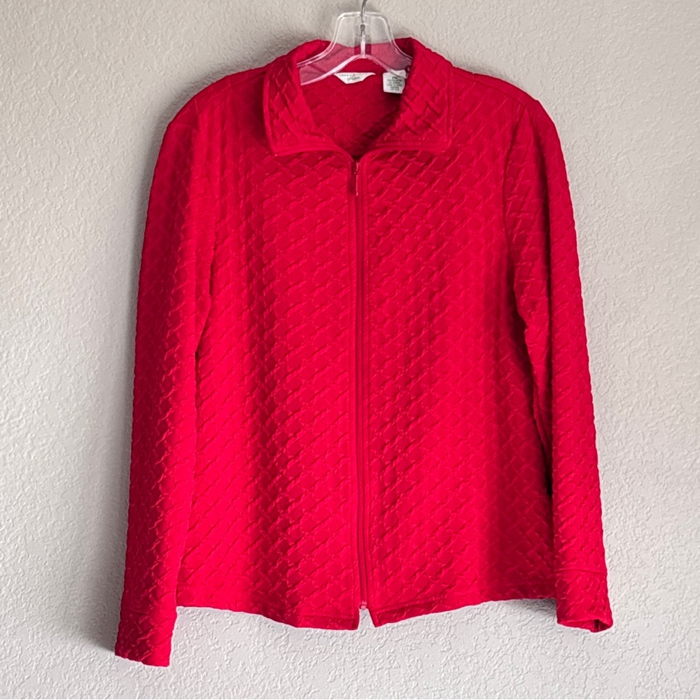 Vintage Laura Ashley Red Long Sleeve Full Zip Up Textured Blouse M petite